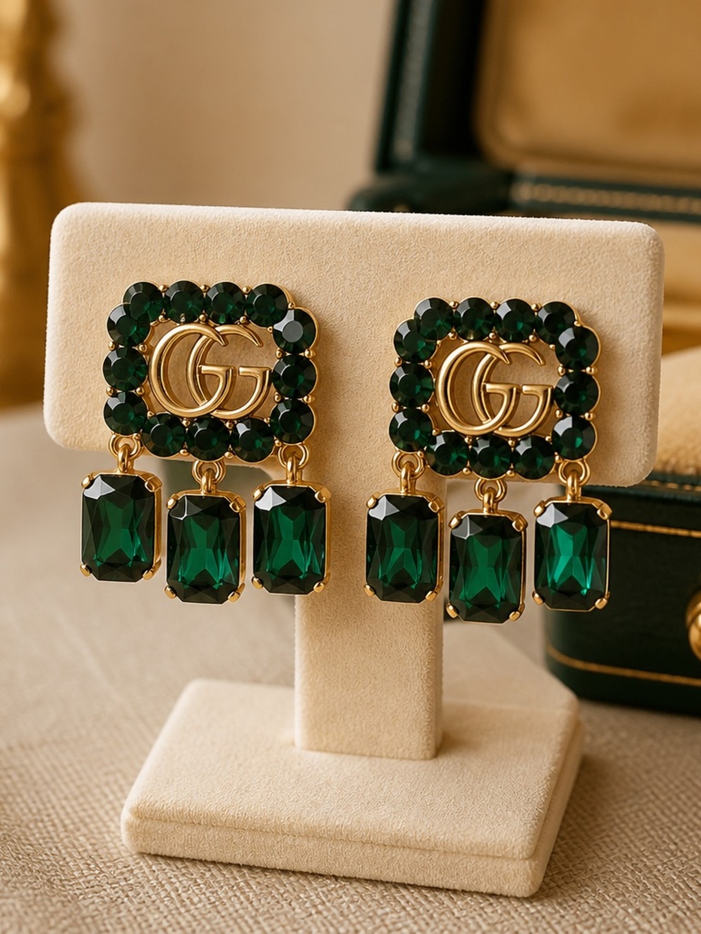 Gucci Gold Double G Emerald Crystal Drop Earrings - Picture 4 of 4